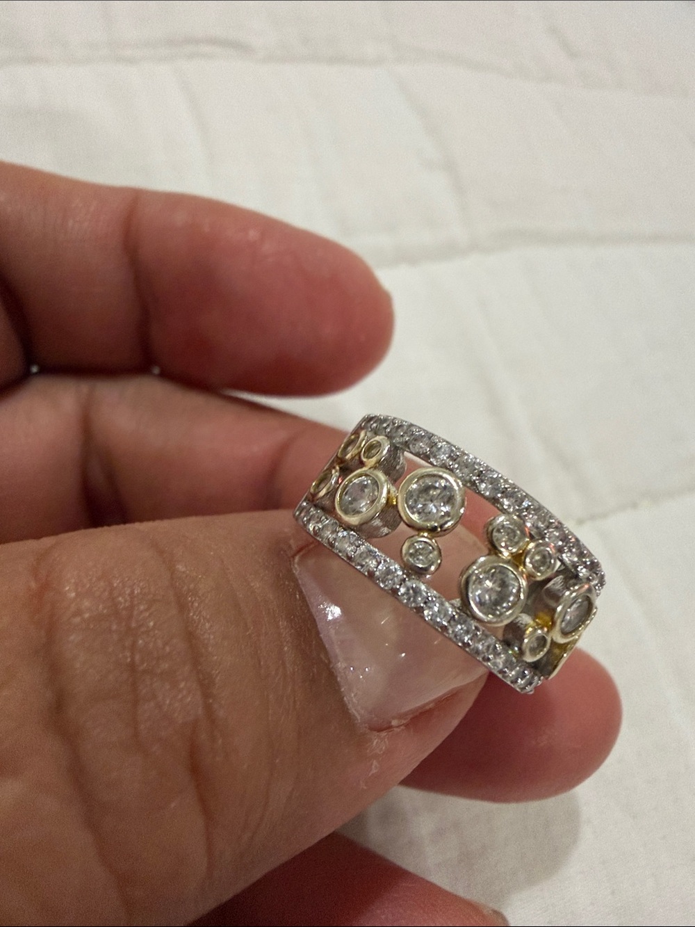 Two-Tone White and Gold Cubic Zirconia Wide Band Ring
